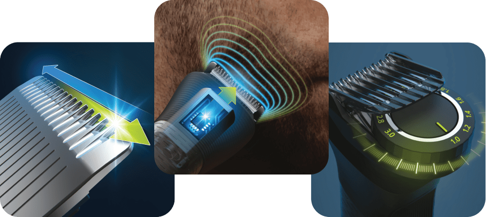 Samoostřic&iacute; ocelov&eacute; břity Technologie BeardSense Rovnoměrn&eacute; zastřižen&iacute; jedn&iacute;m tahem