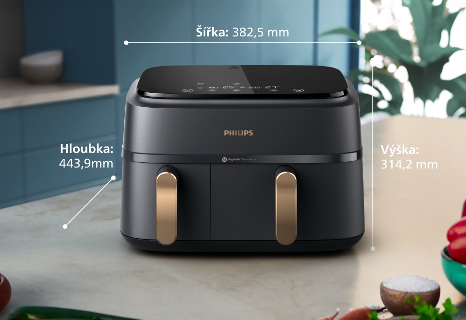 Frit&eacute;za Philips se dvěma ko&scaron;&iacute;ky stoj&iacute;c&iacute; na kuchyňsk&eacute; lince se v&scaron;emi popsan&yacute;mi rozměry: &scaron;&iacute;řka&nbsp;&ndash; 38,25&nbsp;cm, hloubka&nbsp;&ndash; 31,42&nbsp;cm, v&yacute;&scaron;ka&nbsp;&ndash; 44,39&nbsp;cm